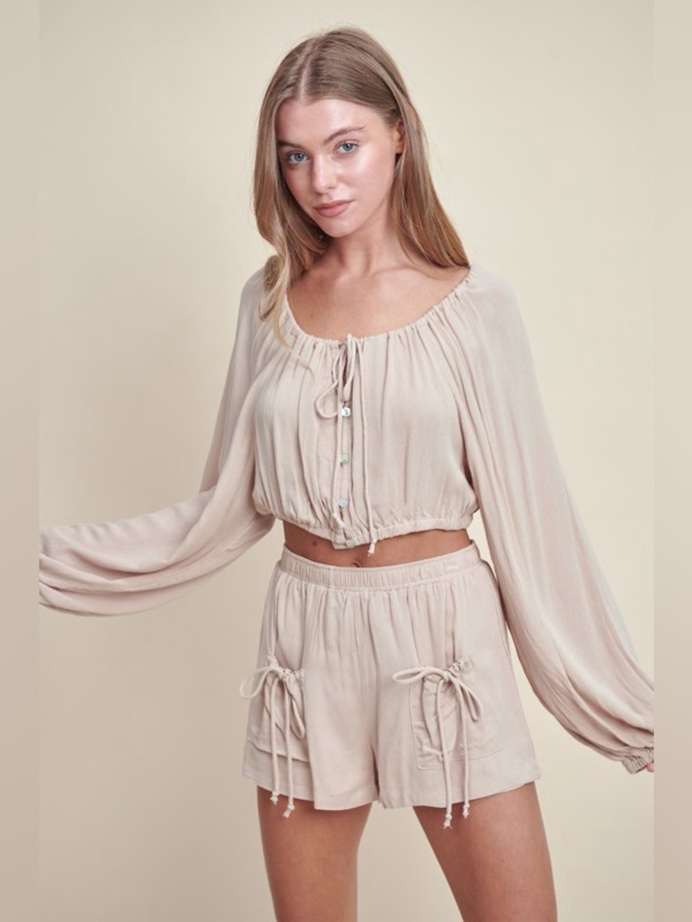 MABLE Gauze Long Sleeve Button Crop Top and Short Set
